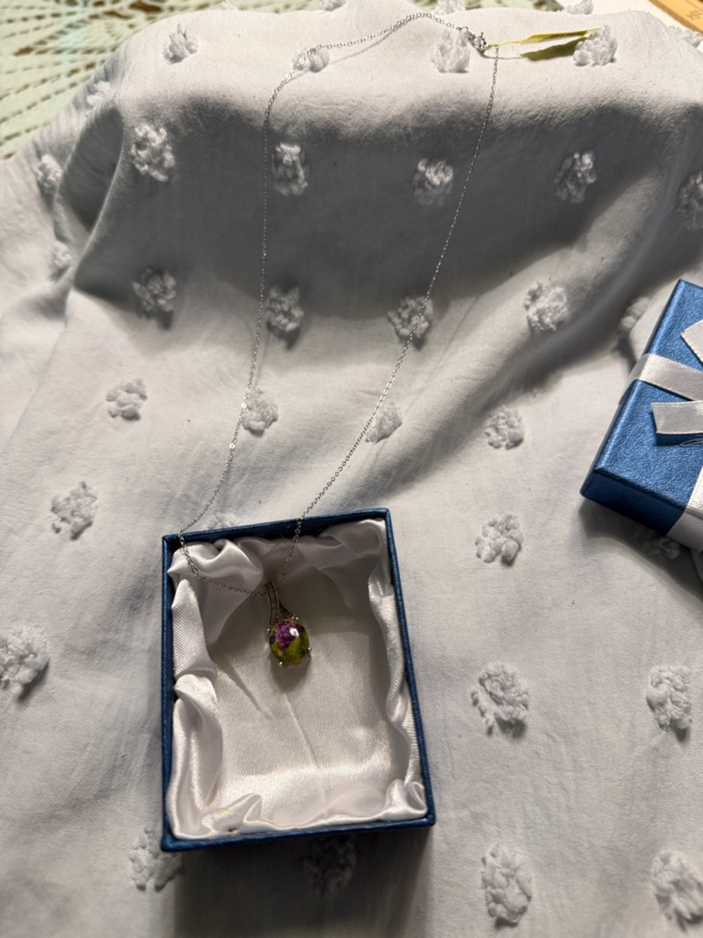 NWT - Delicate Silver Chain Necklace with Purple and Lime Green Pendant
